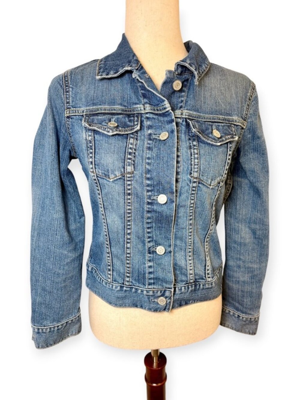 Vintage Y2K Gap Stretch Blue Cropped Denim Trucker Jacket Size XS